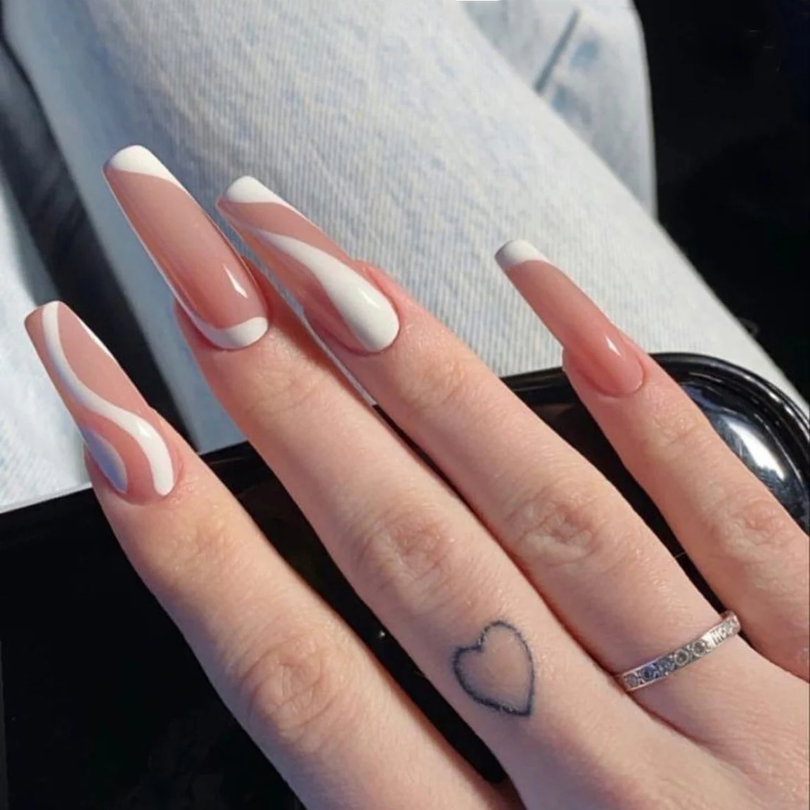Summer Elegance Extra Long Coffin Pink and White Swirl Design Press On Nail Set