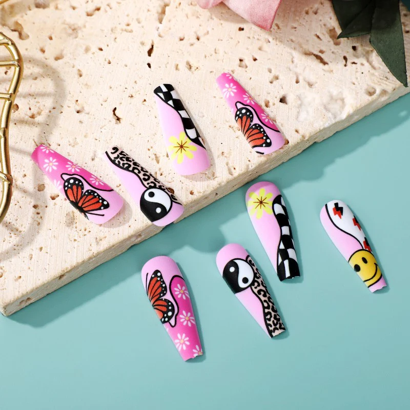 Summer Vibes Long Coffin Pink Press On Nail Set with Butterfly Accents and Playful Cartoon Patterns