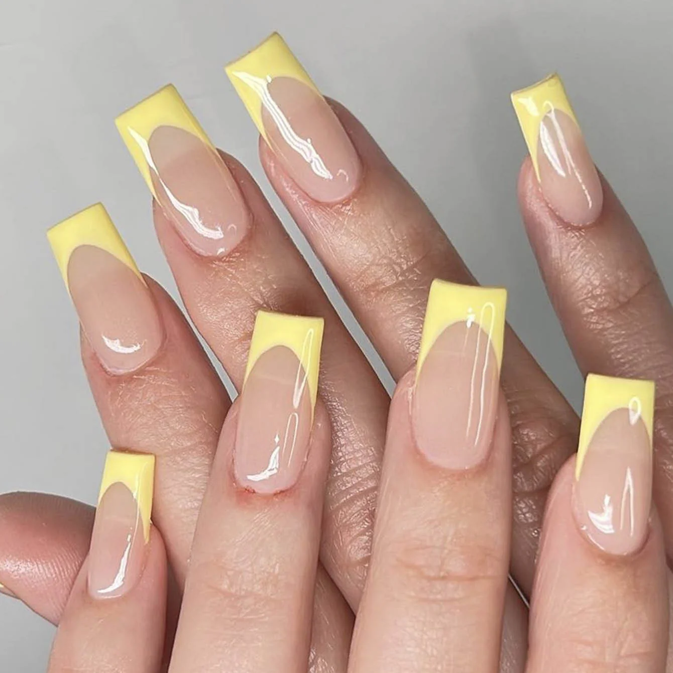 Sunny Citrus Delight Long Square Transparent Nails with Glossy Yellow Tips