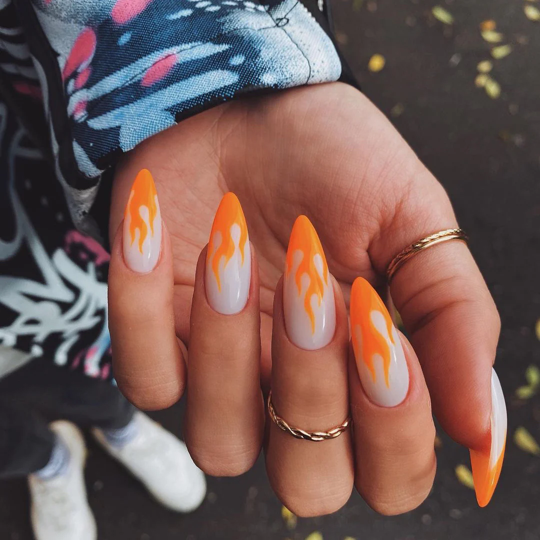 Sunset Blaze Long Almond-Shaped Ombr≈Ω Flame Press On Nail Set in Orange and White