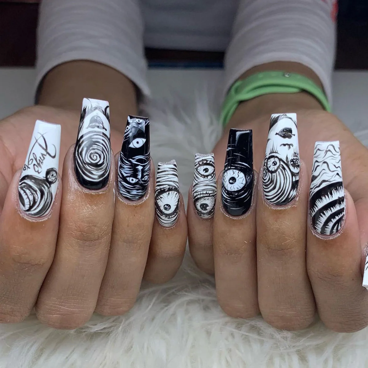 Surreal Swirls Extra Long Coffin Black And White Press On Nail Set With Hypnotic Eye Design