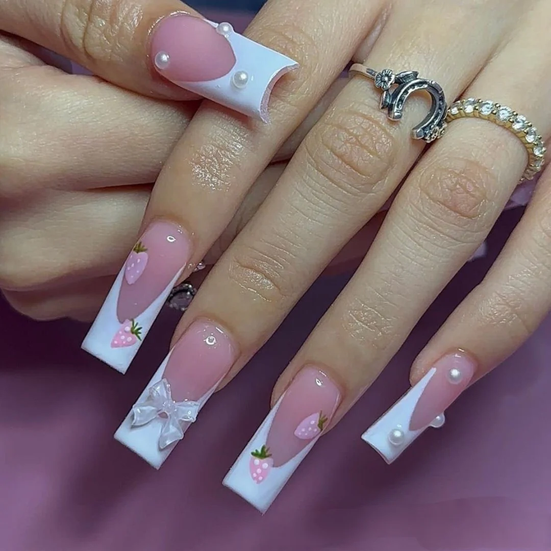 Sweet Blossom Paradise Extra Long Square Pink and White Press On Nail Set with 3D Strawberry and Pearl Accents