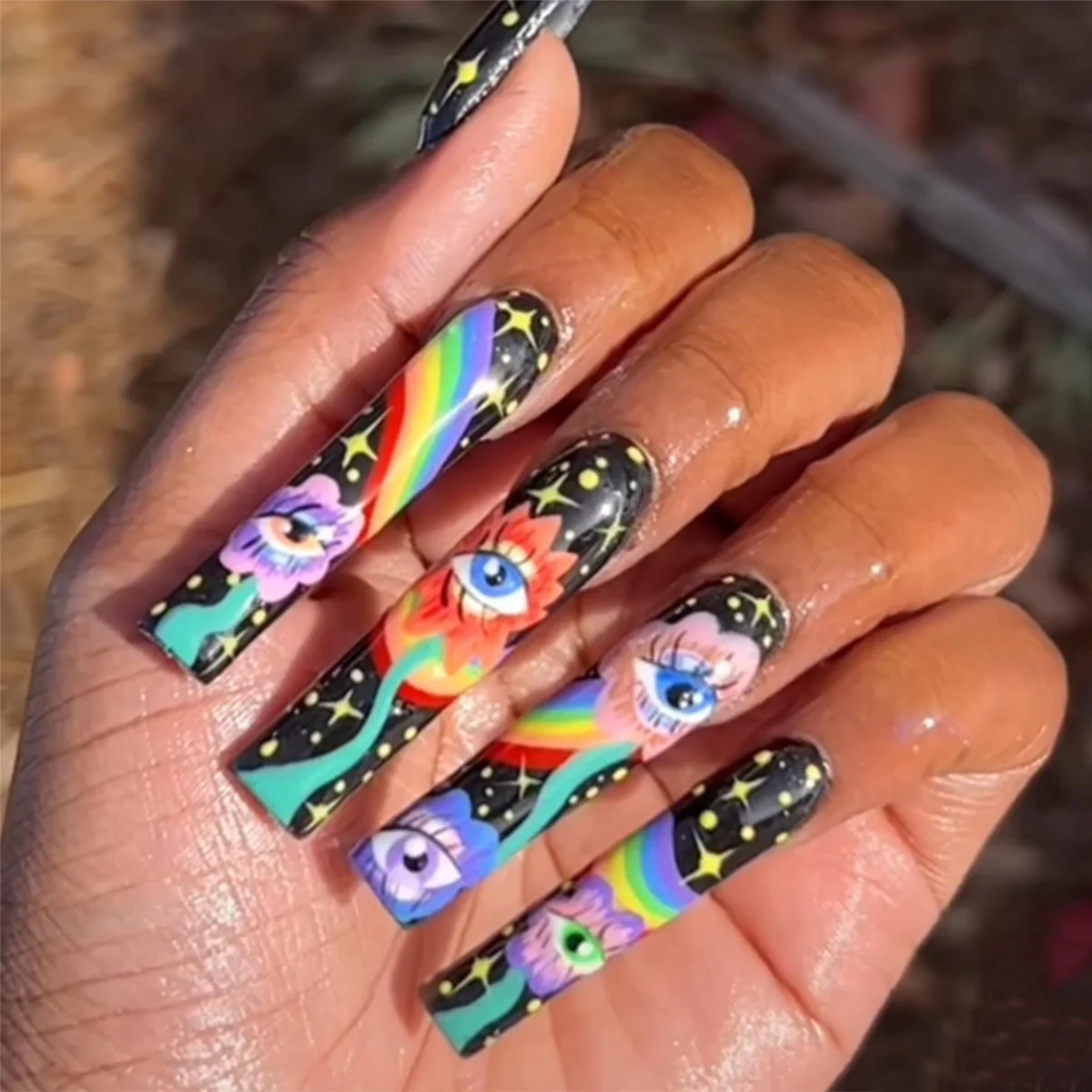 Sweet Psychedelic Long Square Multicolor Rainbow Press On Nails