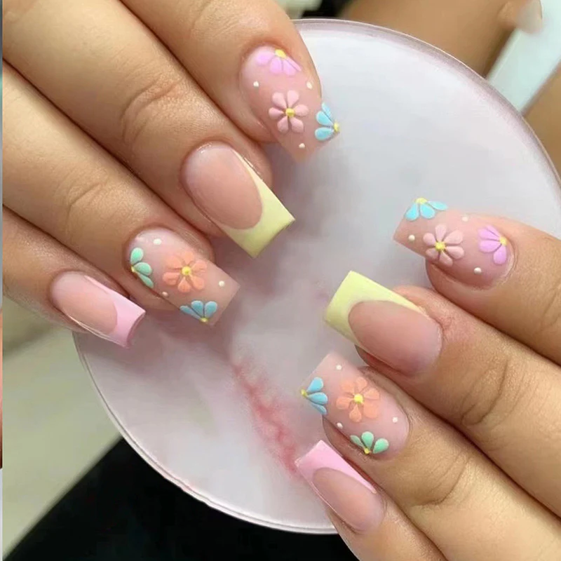 Sweet Statement Medium Square Multicolor French Tips Press On Nails
