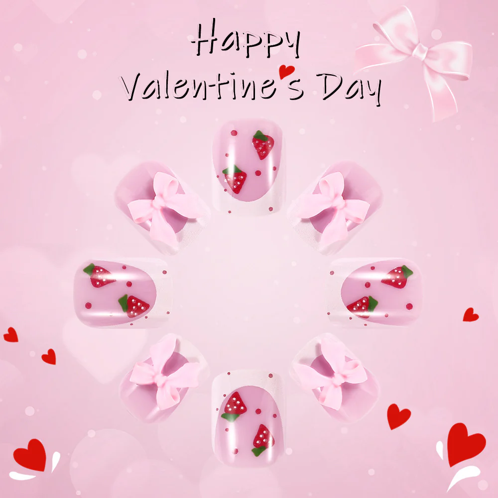 Sweet Strawberry Delight Short Square Pink Press-on Nail Set with Charming Bow Accents