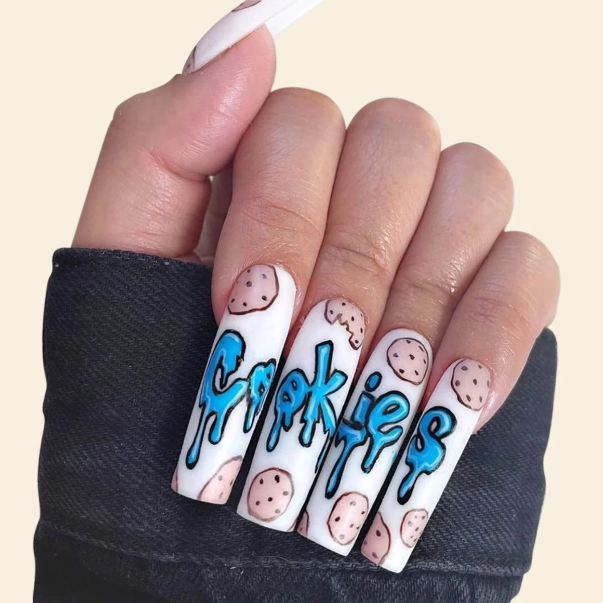 Sweet Treat Long Square White Press On Nail Set with Cookie and Blue Icing Details