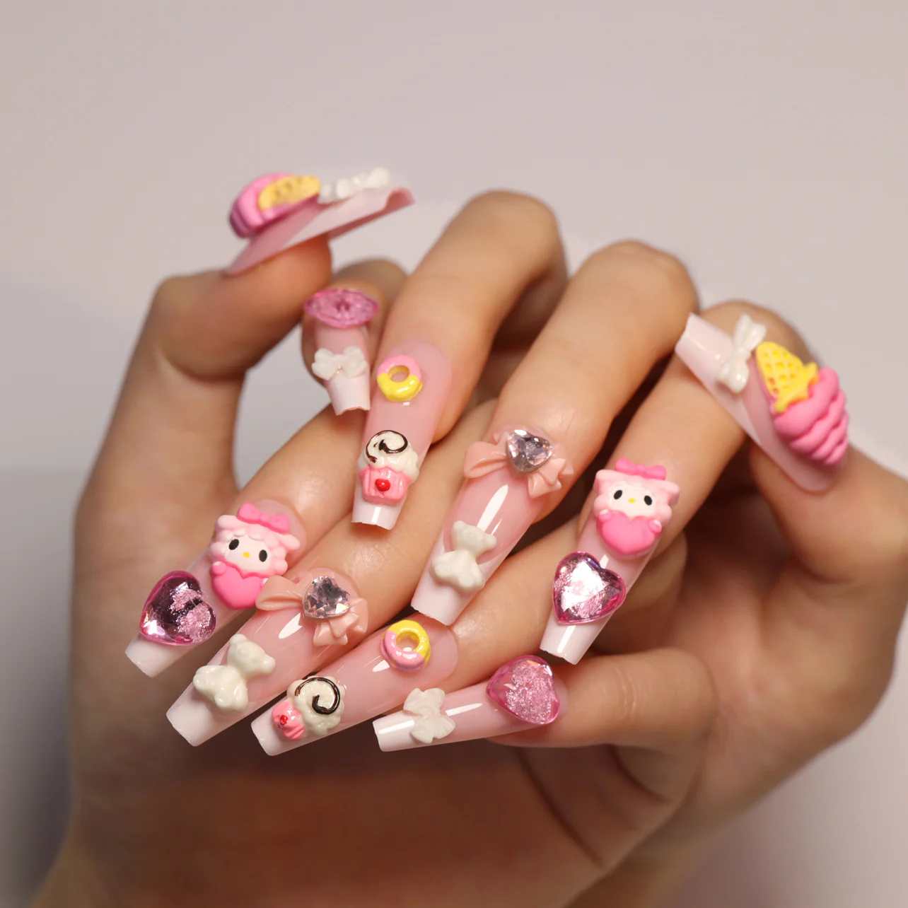 Sweet Treats Pink Long Coffin Shaped Press On Nail Set With Charming Dessert Decorations