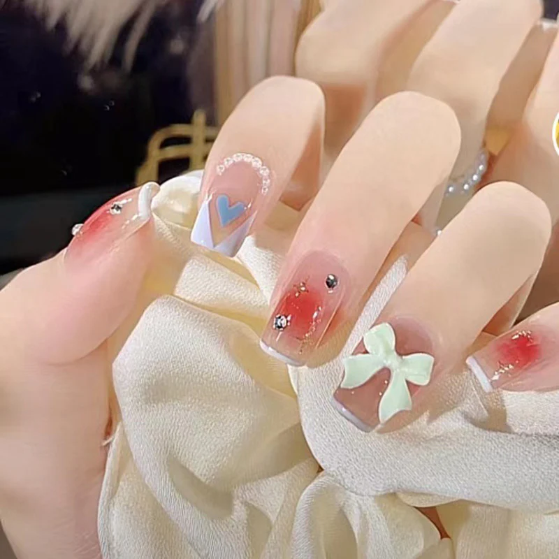 Sweetheart Charm Medium Square Pink Glitter Press On Nail Set with Adorable Embellishments