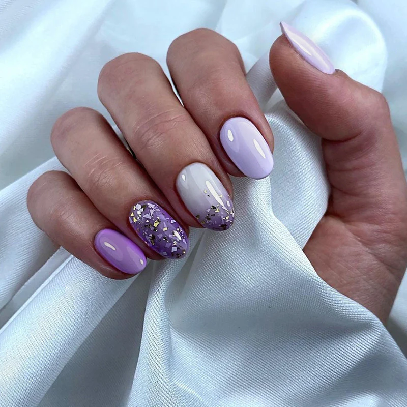 Take A Break Short Round Purple Glitter Press On Nails