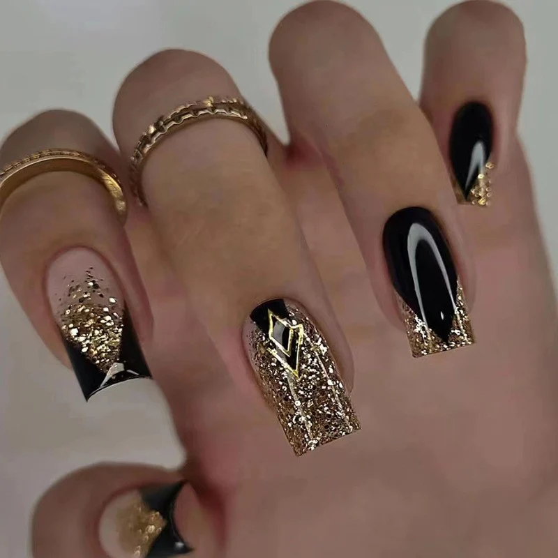 The Powerful Medium Square Gold Glitter Press On Nails