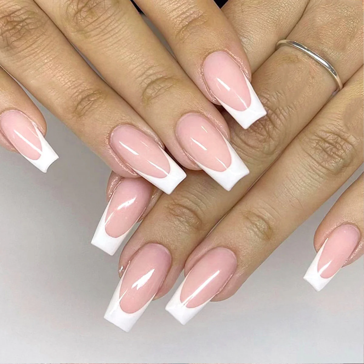 Timeless Beauty Medium Coffin Beige Press On Nails with Classic French Tips