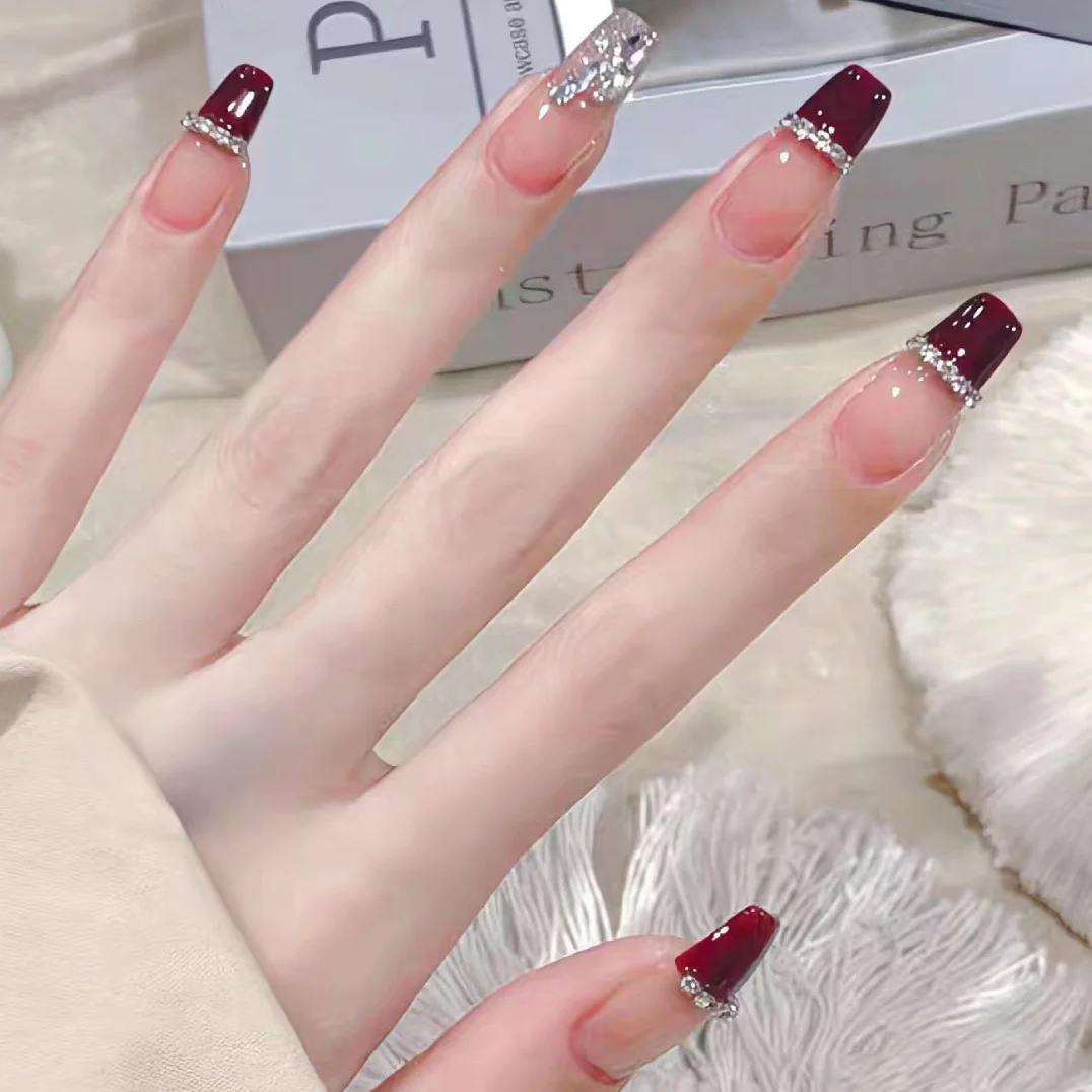 Timeless Elegance Medium Coffin Bordeaux Red Press-On Nails with Silver Glitter Accents and Rhinestone Embellishments