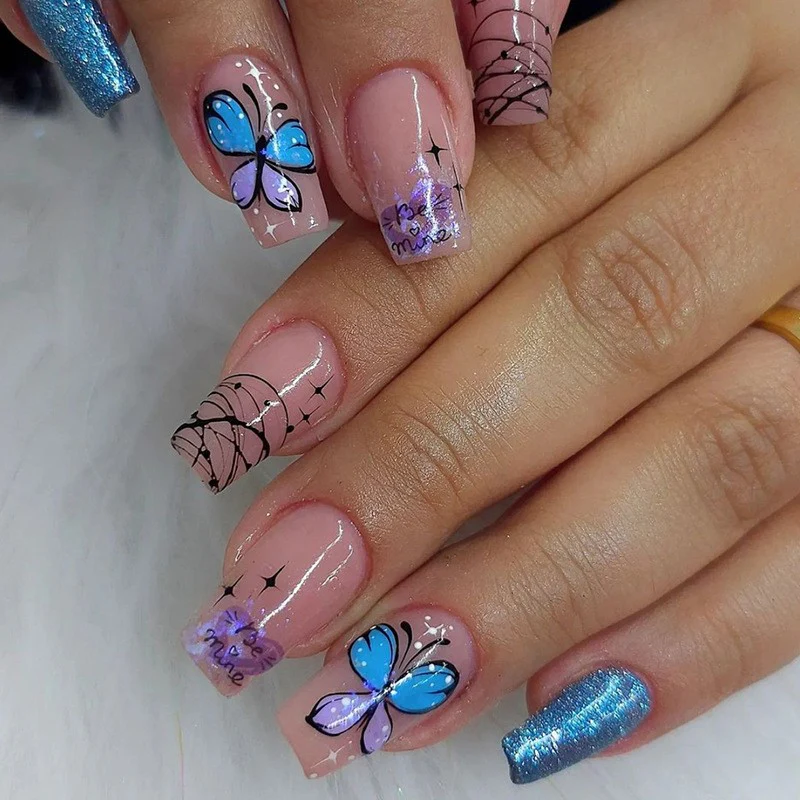 Transported Medium Coffin Blue Butterfly Press On Nails
