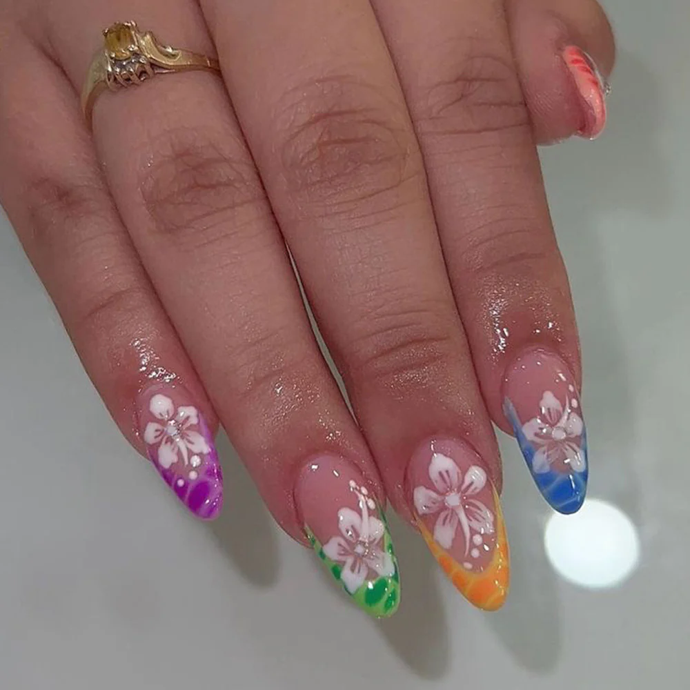Tropical Bliss Stylish Medium Almond Shaped Multicolor Floral Press On Nail Set