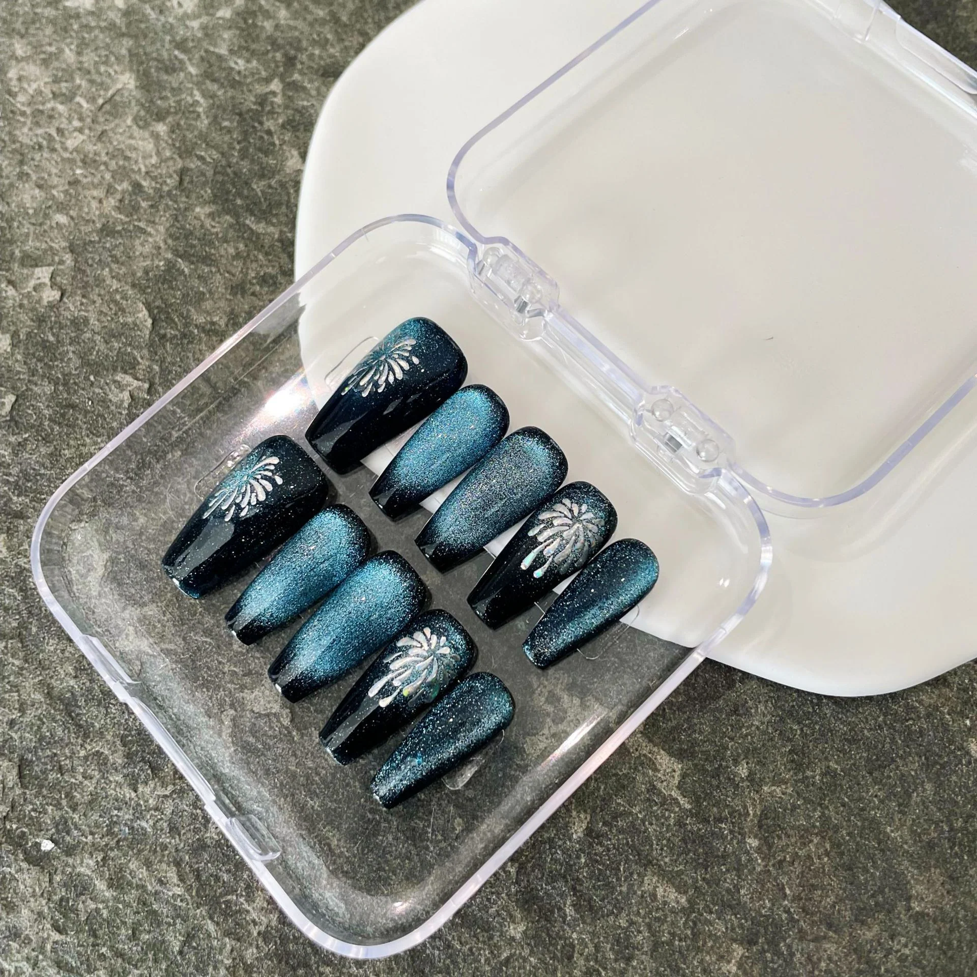 Tropical Breeze 10 Long Coffin Shaped Blue Gradient Press On Nail Set with Glitter and Palm Tree Design