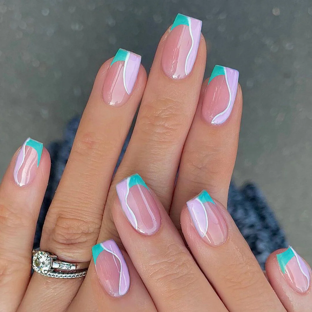 Tropical Escape Medium Coffin Pink Press On Nails with Aqua Accent Tips and Glossy Finish