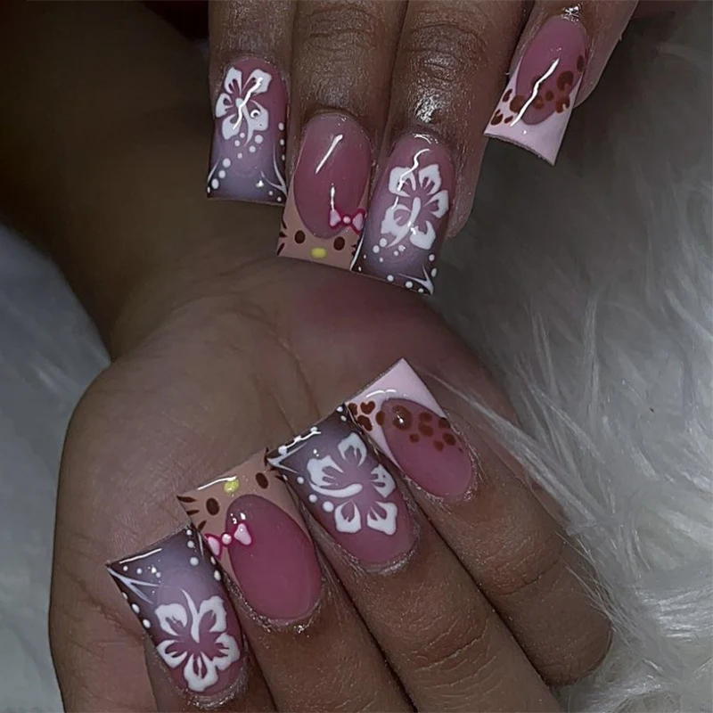 Tropical Floral Charm Long Duck Pink Ombre Press On Nail Set With Hand Painted Designs