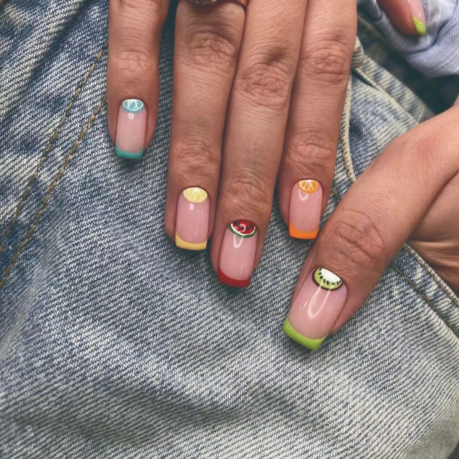 Tropical Fruit Mania Medium Length Squoval Shape Multicolor Press On Nail Set with Fruit Slice Accents