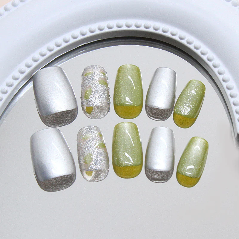 Tropical Oasis Press On Nail Set Short Square Silver and Green Glitter with Glossy Finish