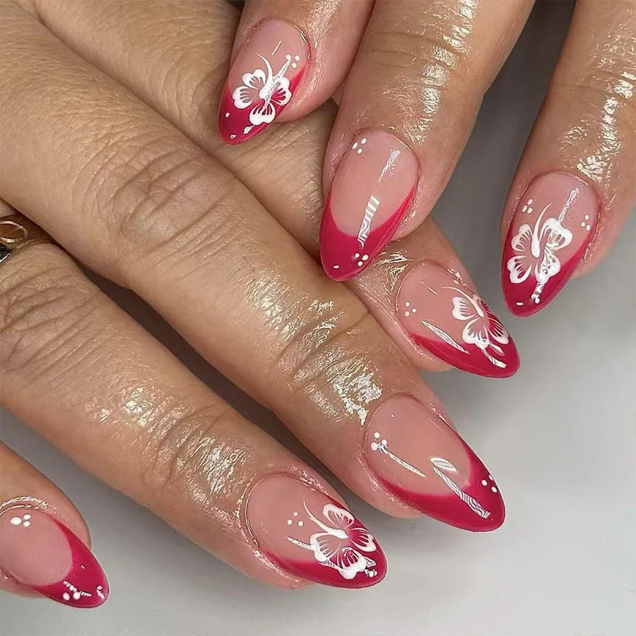 Tropical Paradise Elegant Medium Almond Shaped Vibrant Red with Floral Art Press-On Nail Set