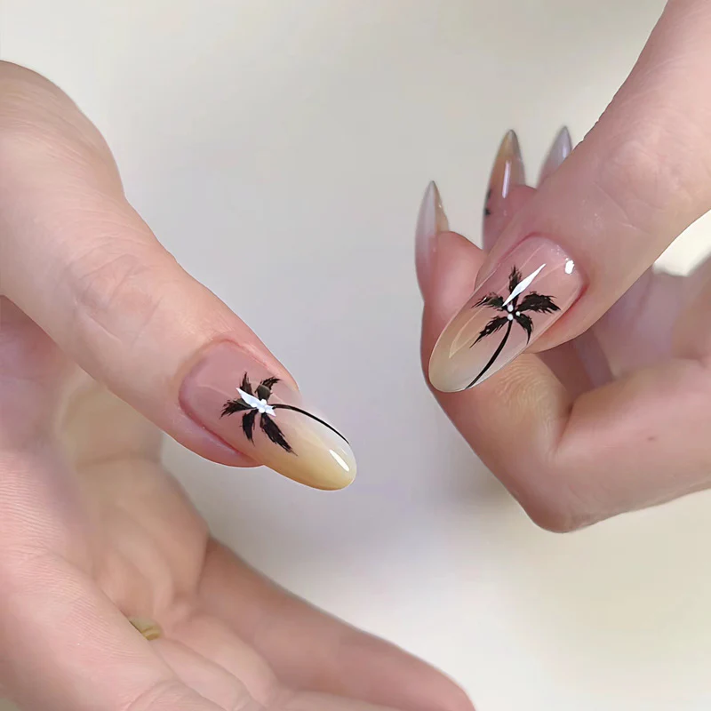 Tropical Paradise Long Almond Nails Beige with Palm Tree Design