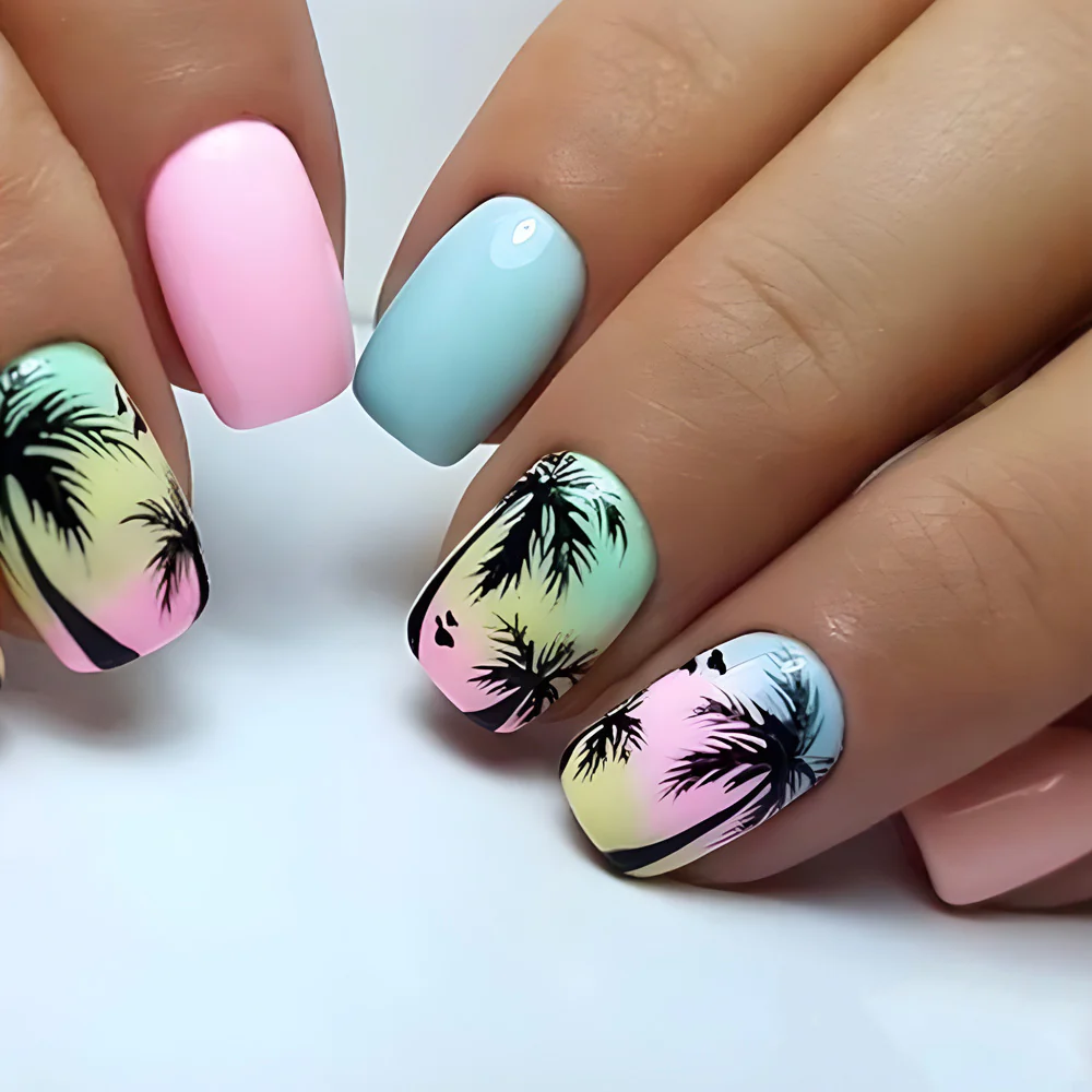 Tropical Paradise Medium Square Pastel Ombre Press On Nail Set with Palm Tree Accents