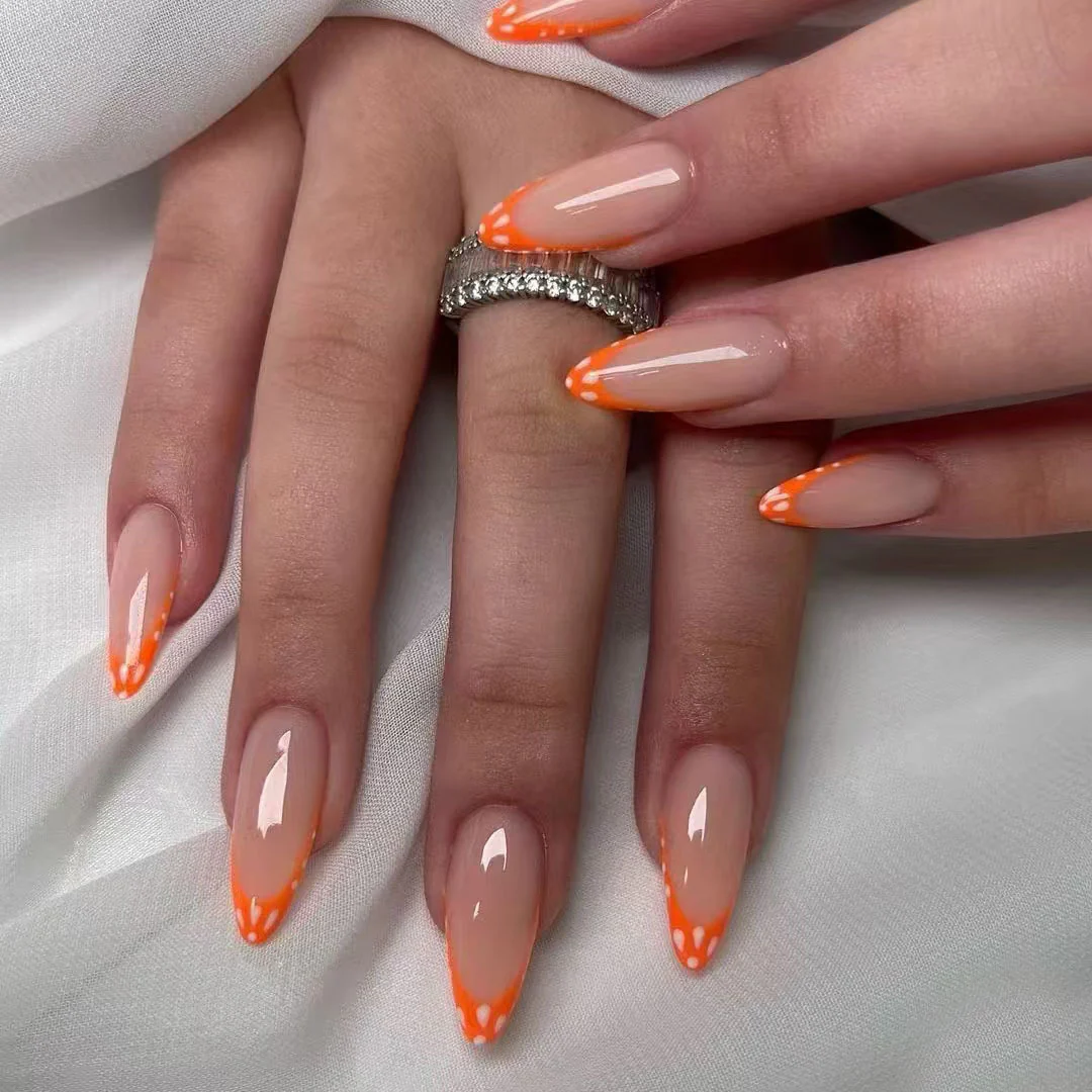 Tropical Sunrise Long Almond Shaped Orange and Clear Press On Nail Set with Fun White Dots Design