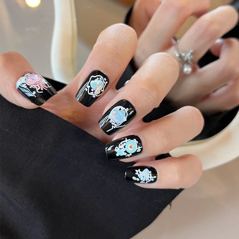 Underwater Fantasy Medium Square Black Press On Nail Set with Unique Colorful Oceanic Art