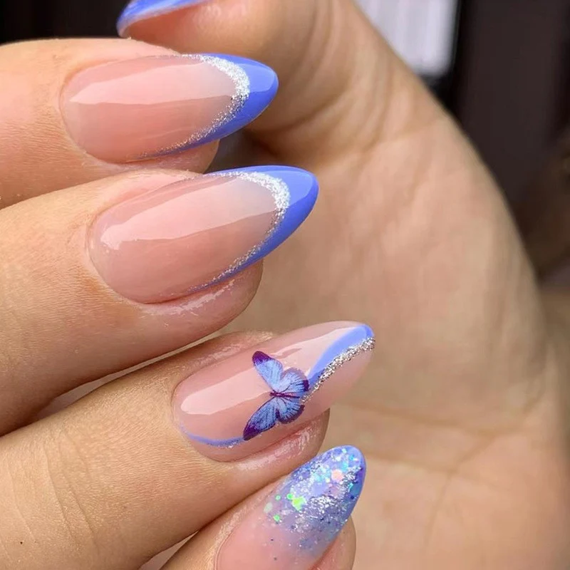 Using The Code Medium Oval Purple French Tips Press On Nails