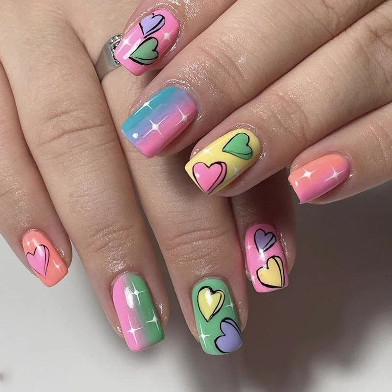Hard Candy Short Square Rainbow Cute Press On Nails