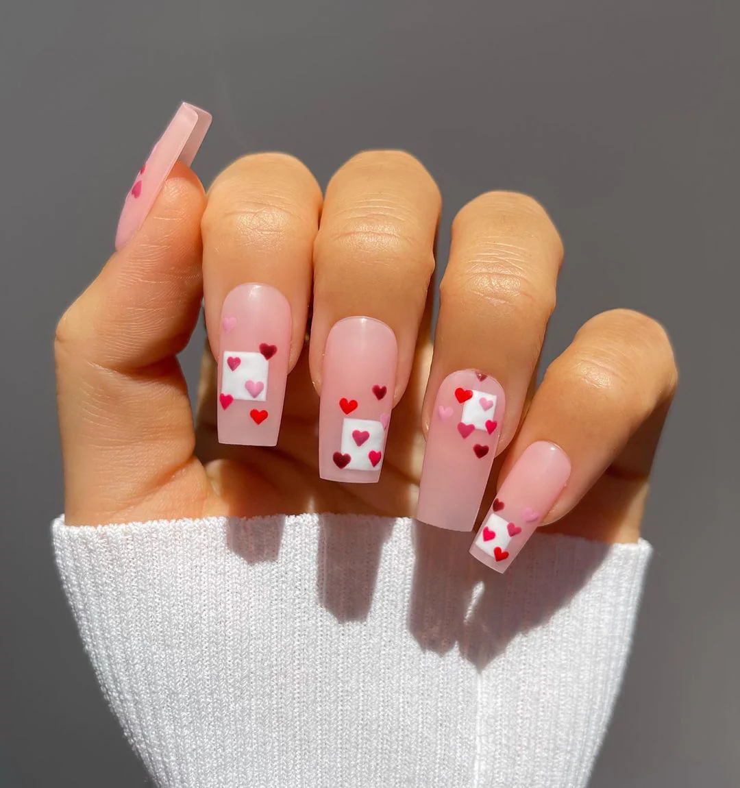 Valentines Day Long Square Pink Press On Nails with Red and White Heart Accents