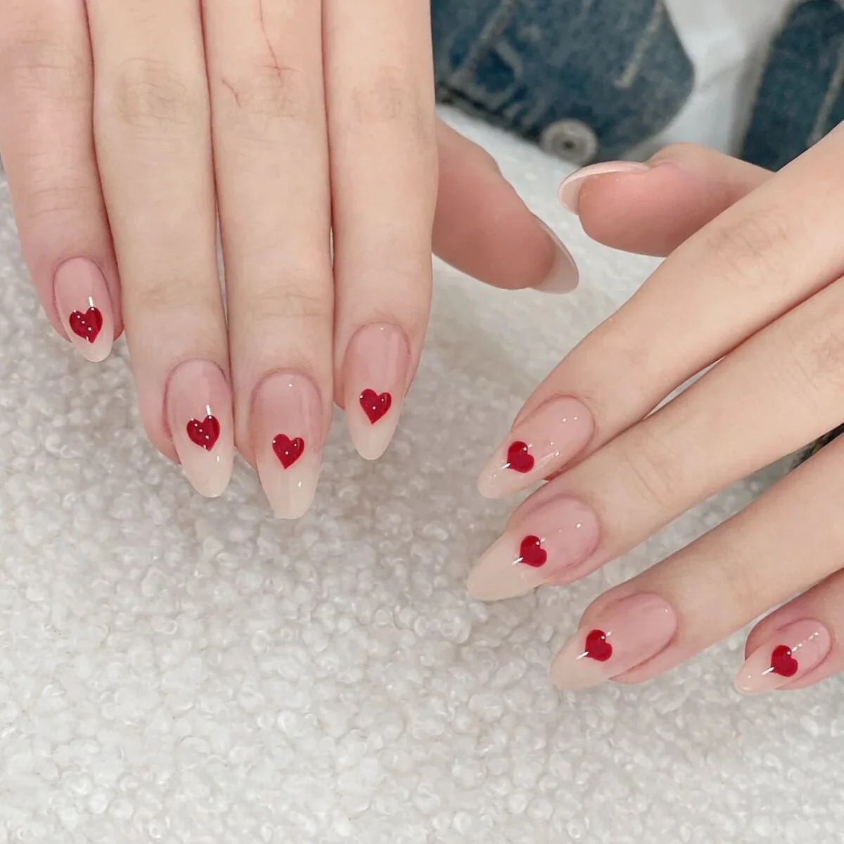 Valentine's Day Romance Medium Almond Beige Press On Nails with Red Heart Accents