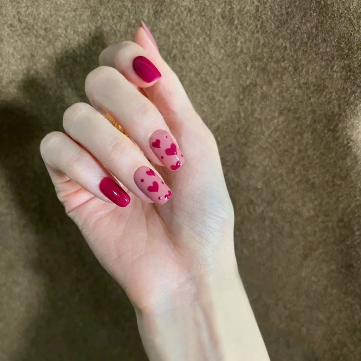 Valentine's Day Romance Medium Square Burgundy Press On Nails with Heart Accents