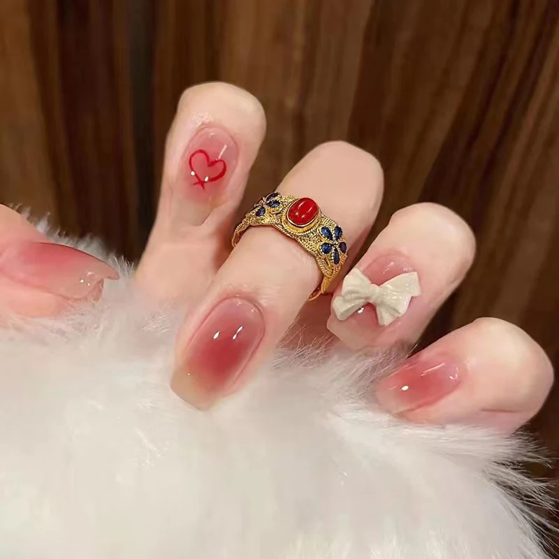 Valentine's Day Romance Medium Square Pink Press On Nail Set with Love Heart Accent