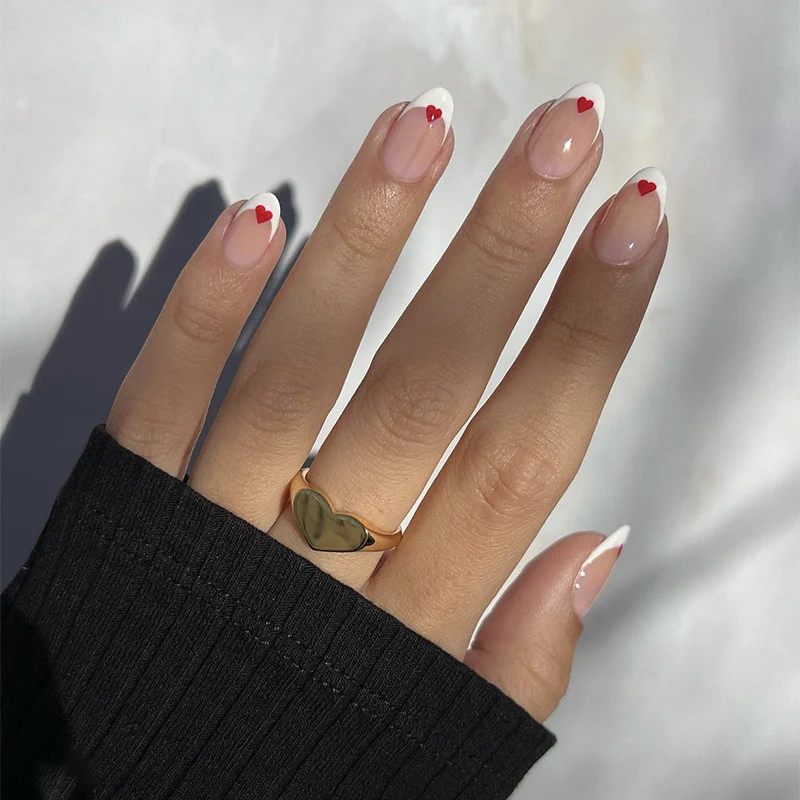 Valentine's Day Romance Medium Squoval Shaped Press On Nails in Beige with Red Heart Accents