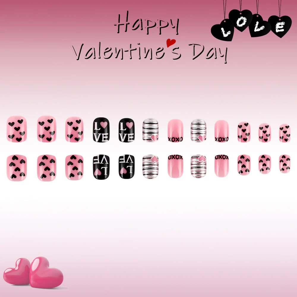 Valentine's Day Romance Press On Nail Set Short Squoval Pink with Heart Patterns and Love Messages
