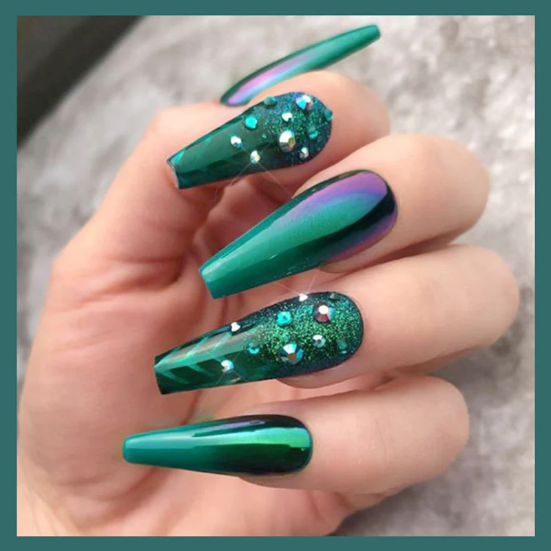 Valuable Long Coffin Green Glossy Press On Nails