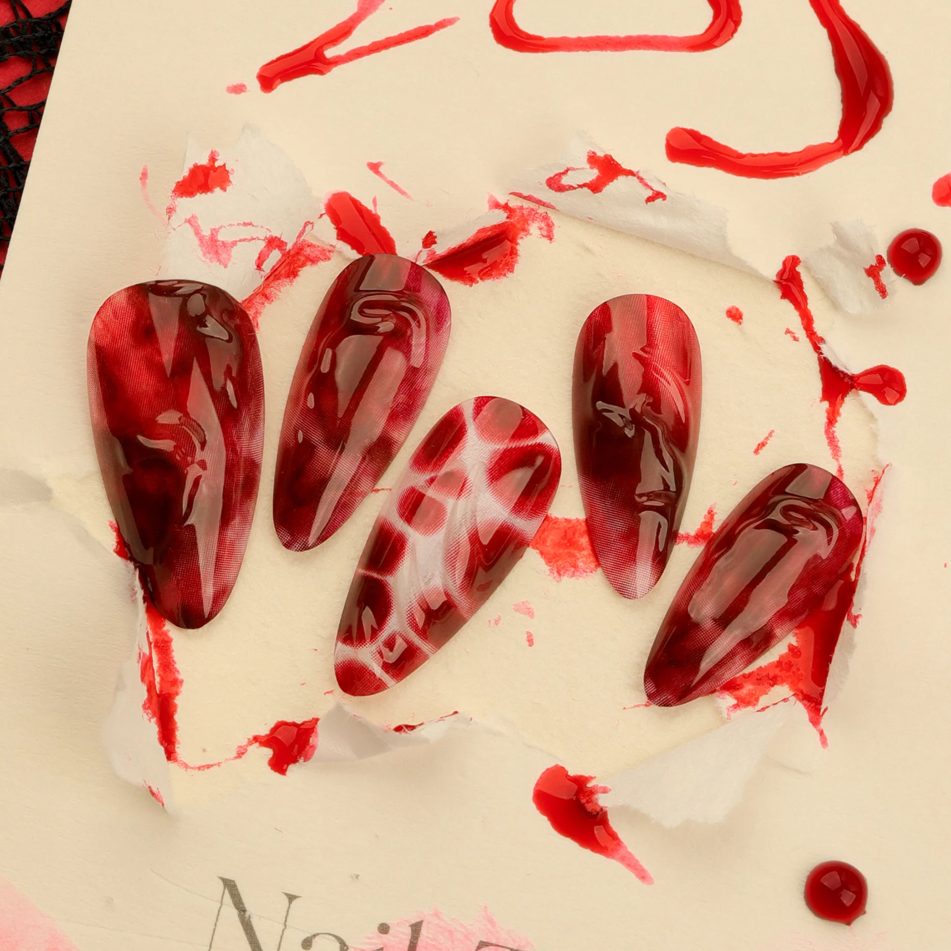 Vampire Chic Medium Almond Shape Burgundy Marble Press On Nail Set with Glossy Finish