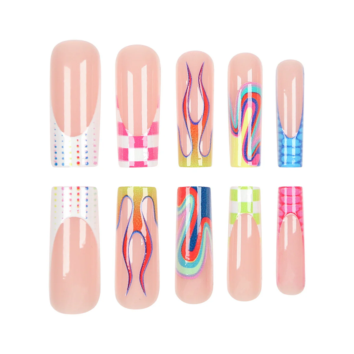 Vibrant Fiesta Long Square Press On Nail Set with Artistic Swirls and Unique Patterns