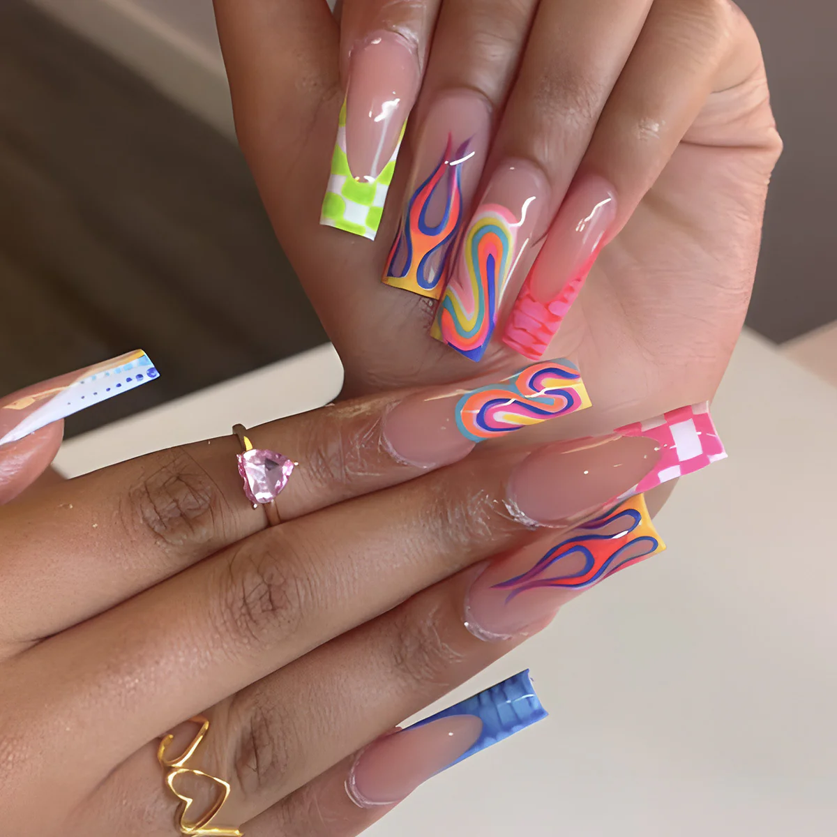 Vibrant Flames Long Square Colorful Gradient Press On Nail Set with Unique Artistic Designs