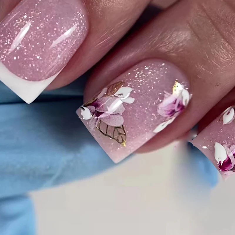 Walking Around Short Square Pink Glitter Press On Nails