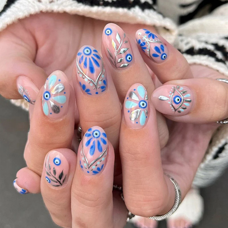 Watching Out For You Short Round Blue Bold Press On Nails