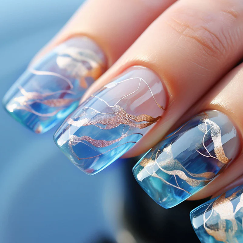 Wave Art Medium Square Blue Glossy Press On Nails