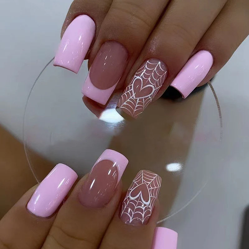 Web Of Hearts Medium Square Pink Halloween Press On Nails