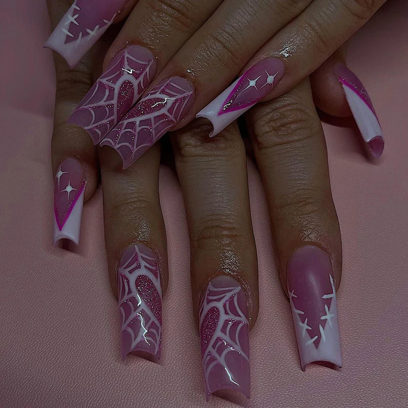 Web Of Lies Long Square Pink Halloween Press On Nails
