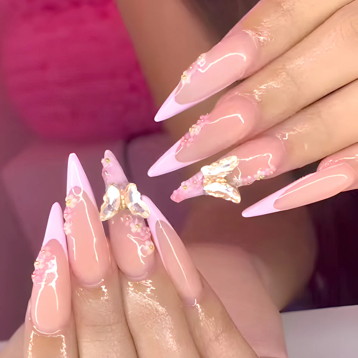 Whimsical Blossom Long Almond Pink Press-On Nail Set with Butterfly Accents