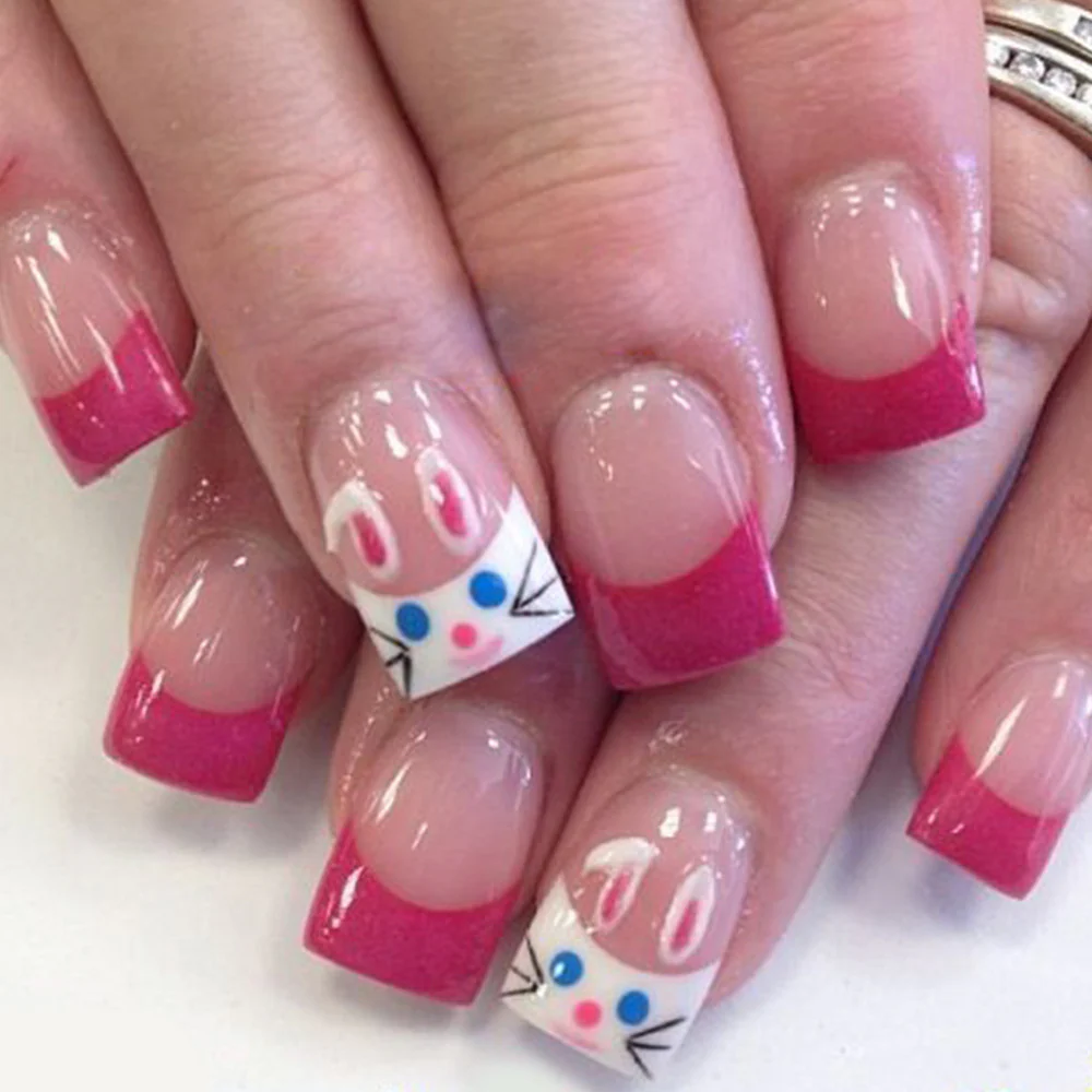 Whimsical Bunny Bliss Medium Square Pink Ombre Press-On Nail Set with Cute Bunny Design
