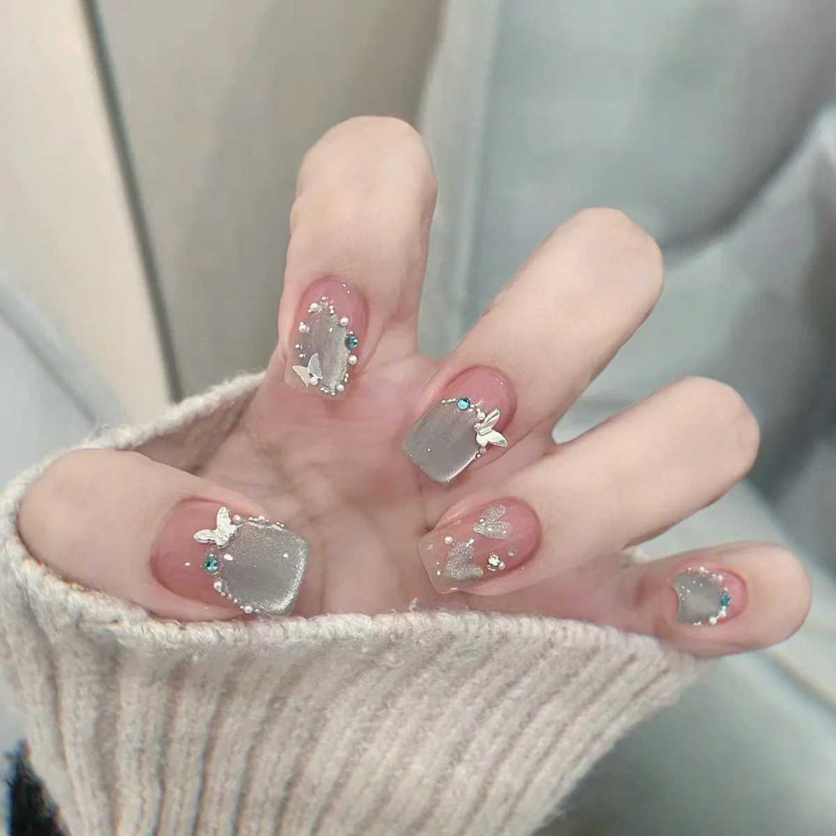 Whimsical Butterfly Dreams Short Square Grey Glitter Butterfly Press On Nail Set