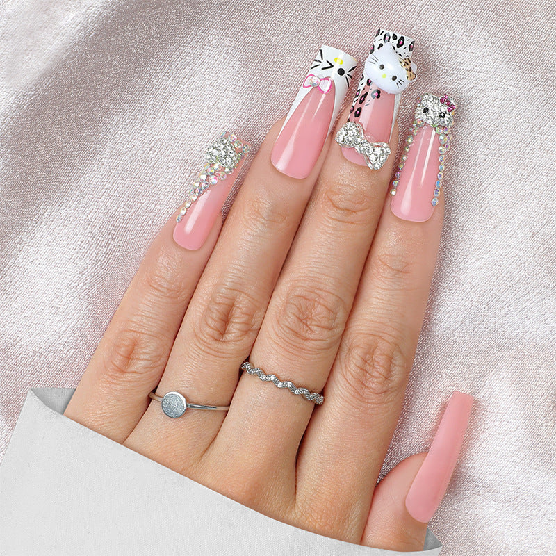 Whimsical Cat Pattern Long Square Shaped Pink Press On Nail Set With Sparkling Gemstone Accents