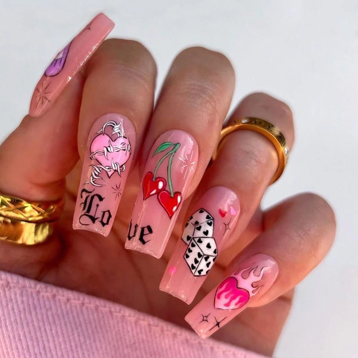 Whimsical Charm Long Square Pink Nails with Fun Love and Heart Designs